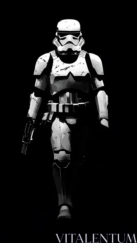 Bold armored trooper strides forward through deep shadow