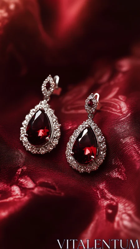 Teardrop garnet earrings with halo diamonds on red satin fabric