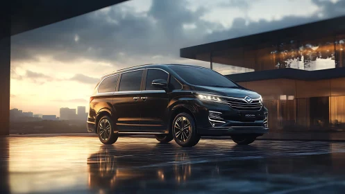 Black multipurpose vehicle is parked on a reflective terrace