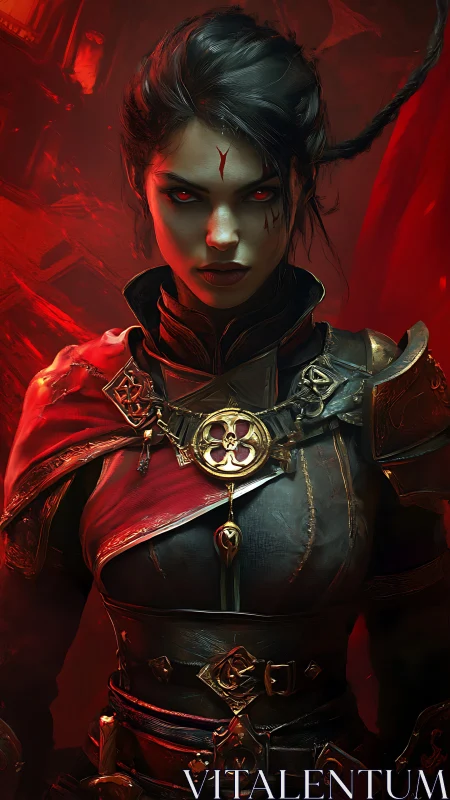 Dark fantasy warrior in ornate red and black armor portrait.