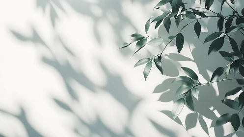 Soft daylight leaves and dancing shadows on pale wall.