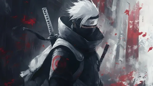 Masked white haired ninja with dual swords in red mist.