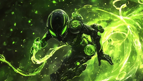 Neon void-runner wielding radioactive vortex energy.