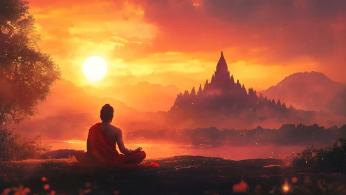 Sun-soaked monk lets the distant temple breathe in silence