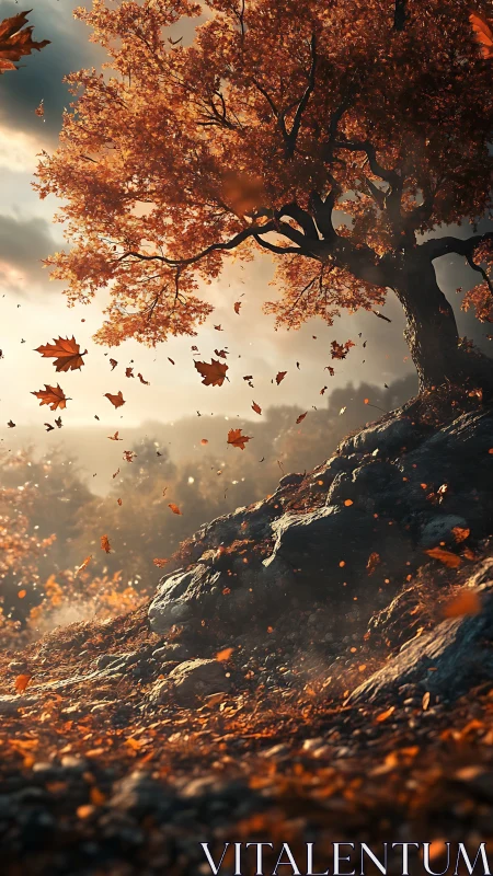 Storm-tossed autumn oak guarding a windswept ember hillside.