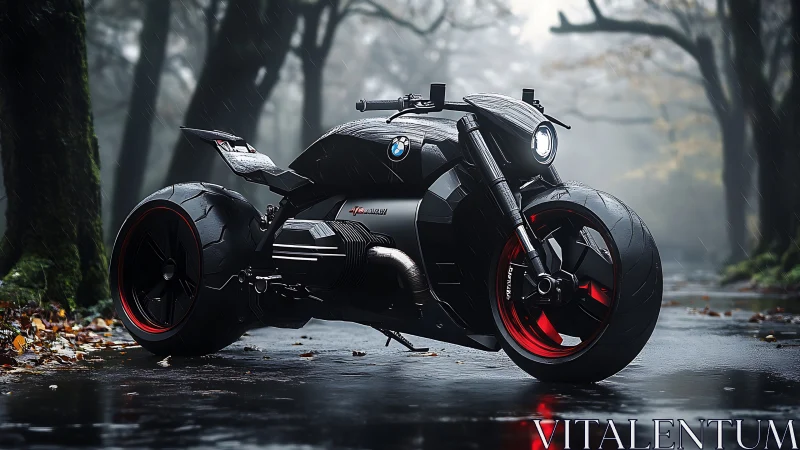 Futuristic BMW concept motorcycle dominates wet forest road.