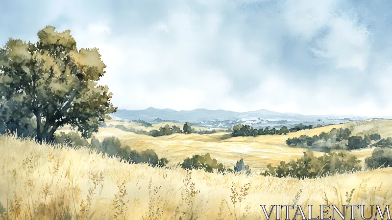 Watercolor landscape studies depth across sunlit golden fields