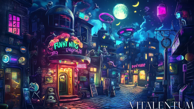 Neon-lit fantasy street glows under a luminous moonlit sky
