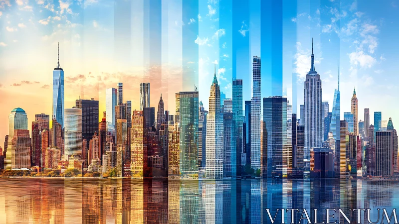 City skyline woven through shifting bands of daylight.