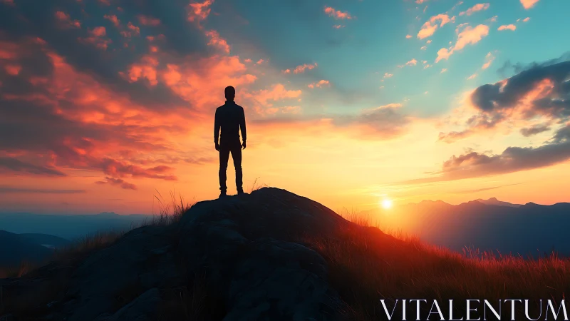Silhouette lone hiker faces blazing mountain sunrise horizon.
