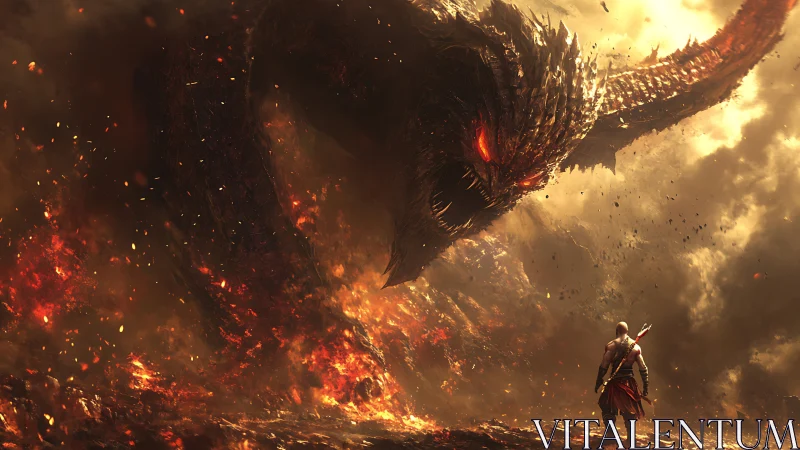 Brave warrior stands firm before a towering fire dragon.
