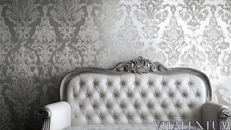 Elegant Baroque Sofa with Ornate Silver Wallpaper in Classic Setting.