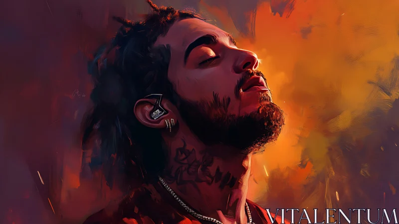 Portrait of a tattooed man in radiant, meditative sunset light