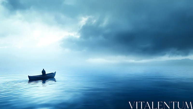 Solitary rowboat under brooding blue dawn sky on lake.