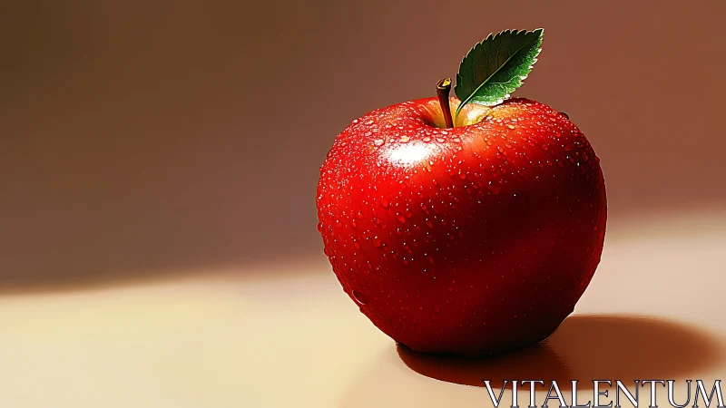 Red apple with water droplets on soft neutral background.