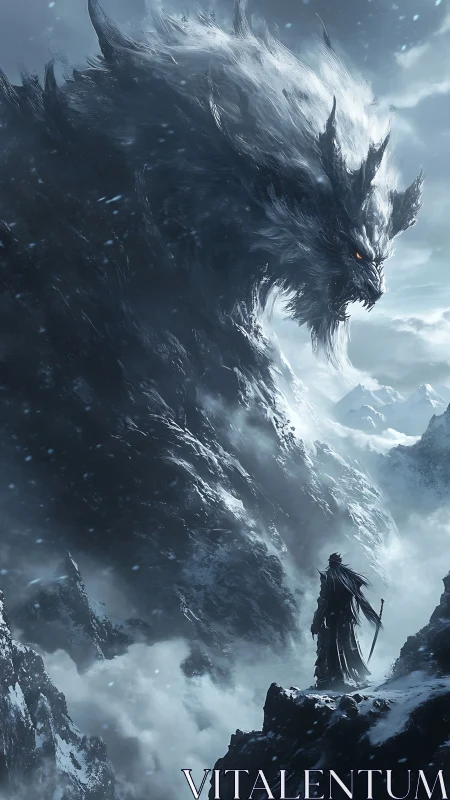 Snow-cloaked giant beast confronts lone sword bearer