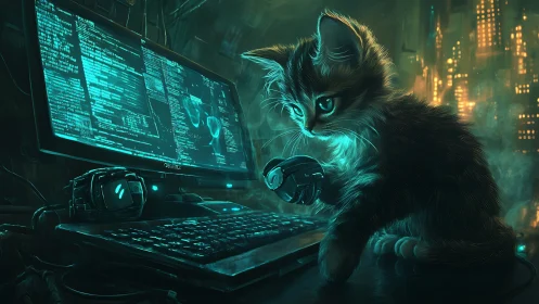 Curious cyberpunk kitten exploring a glowing code filled desk.