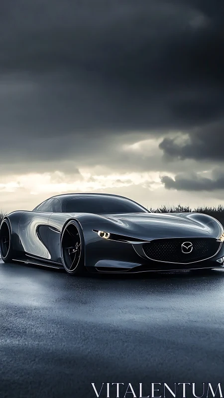 Photorealistic low-angle study of sleek graphite concept coupe.