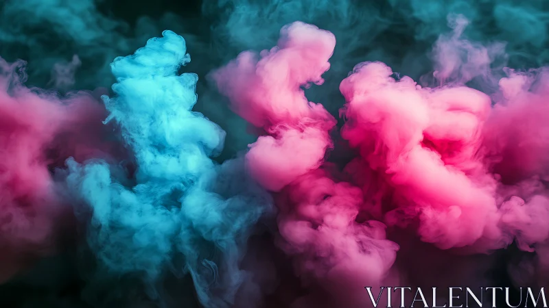 Colored smoke plumes in cyan and magenta against dark field.