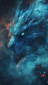 Stormlit sapphire dragon amid embers and swirling mist.