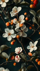 Flowering Branch with White Blossoms and Orange Berries.