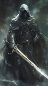 Hooded dark knight with greatsword in cinematic digital painting.