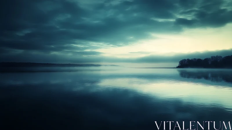 Soft morning light glows gently over a misty blue lake