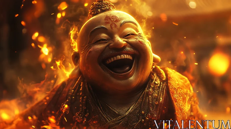 Laughing golden Buddha engulfed in dynamic fiery illumination
