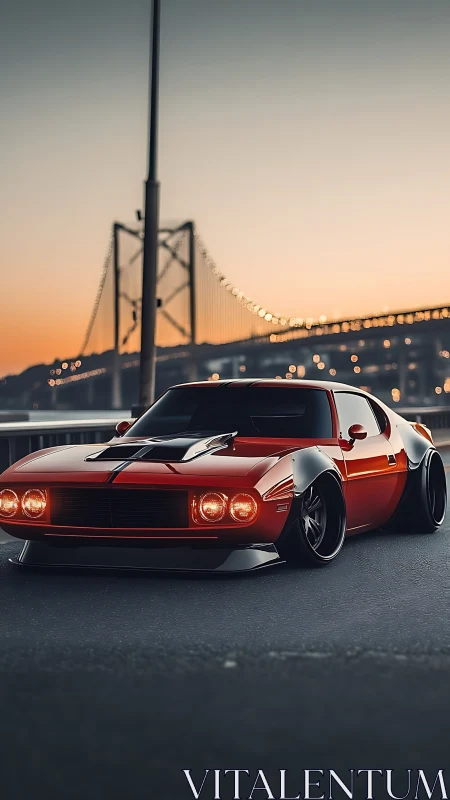 Sunset muscle machine prowls beneath glowing bridge lights.