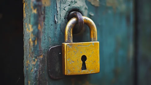 Weathered brass padlock hums quietly against peeling teal door