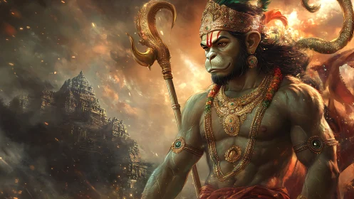 Divine warrior monkey god stands before blazing temple cliffs