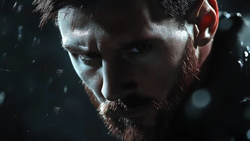 Male face in close-up low key portrait with water droplets