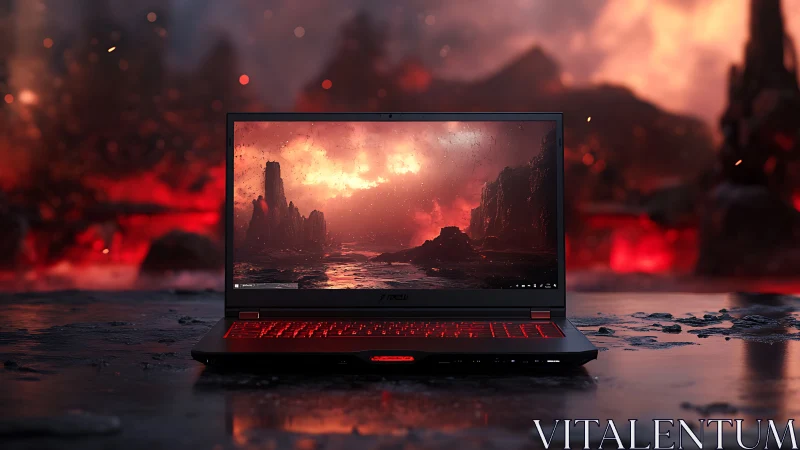 Gaming laptop glows against a fiery volcanic digital landscape