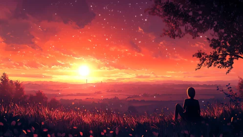 Solitary figure watching vivid sunset over valley.