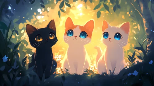 Three Glowing Cats in Enchanted Forest Clearing