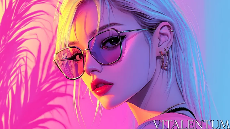 Neon-lit portrait of a cool blonde girl in reflective shades