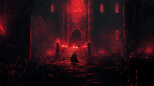 Crimson-lit castle entrance welcomes a lone cloaked wanderer