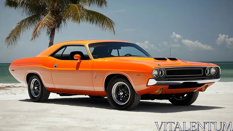 Classic orange muscle car parked on sunny tropical beach.
