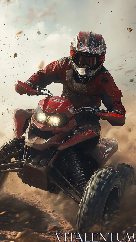 Off-road ATV rider powers through dynamic dusty terrain.