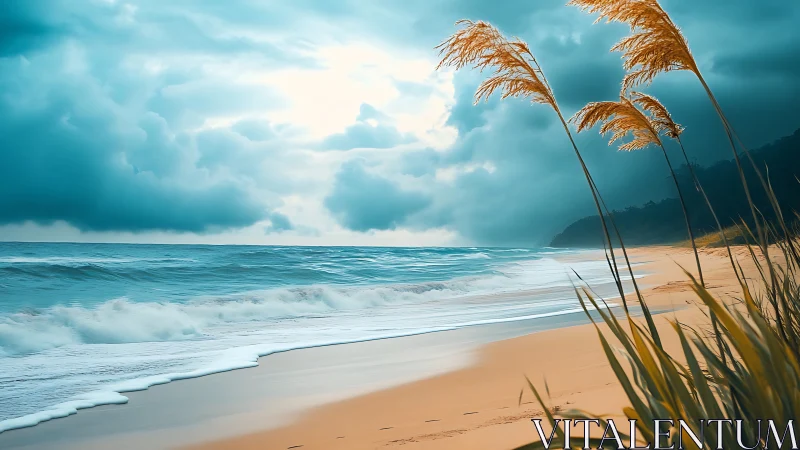 Sea grass leans into turquoise stormlight along quiet shore