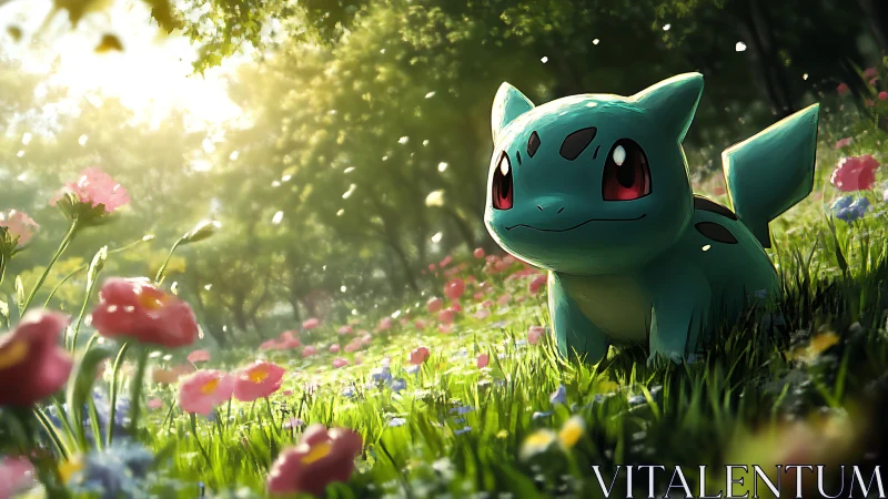 Bulbasaur rendered in sunlit forest meadow environment.