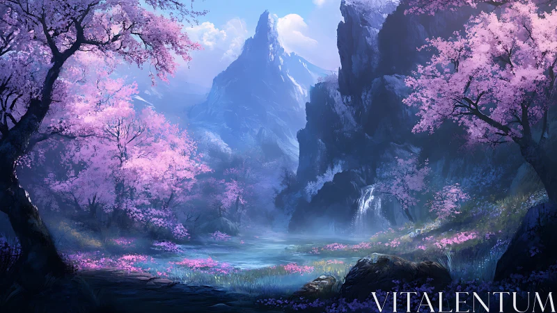 Spectral alpine basin with luminous cherry flora and misted falls.