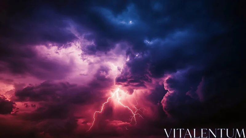 Electric storm splits a vivid magenta and blue night sky.