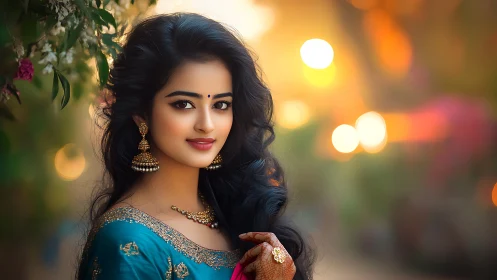 Portrait of woman in teal attire with warm bokeh background.