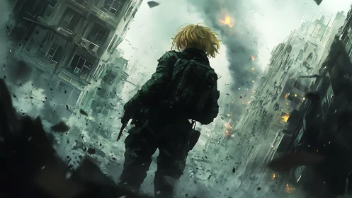 Solitary soldier in ruined urban street under bombardment.