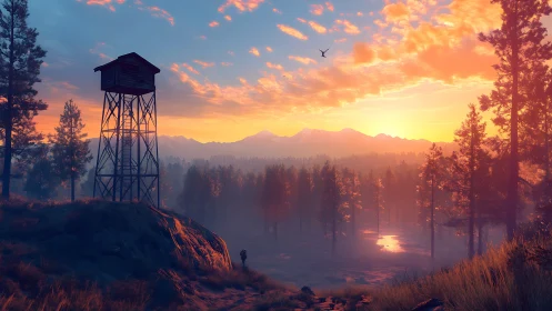 Sunrise paints a watchtower above misty forest valley.