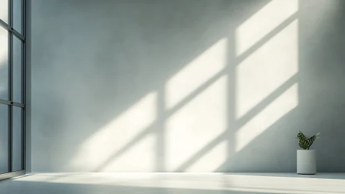 Sunlit minimalist interior with single potted leaf and hard light