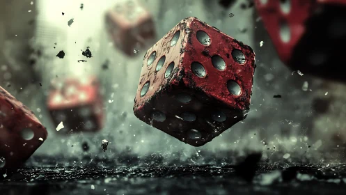 Weathered red dice suspended mid-impact in dynamic 3D space