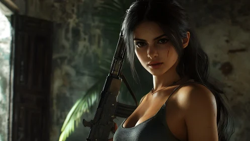 Stoic woman with rifle in worn interior setting.