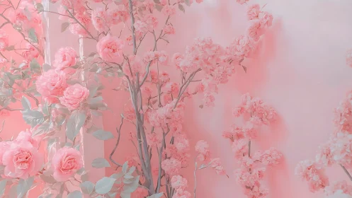 Pink Floral Abundance: Roses and Cherry Blossoms in Soft Rendering.